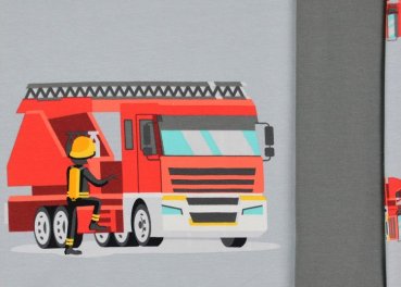 Feuerwehr Panel mit Feuerwehrautos, grau, Baumwoll-Jersey Kinderstoff