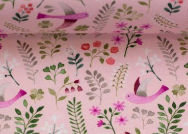 Little Spring Jersey in rosé mit kleinen Vögeln, Blumen und Blättern, Swafing, Stoff für Kinder und Erwachsene