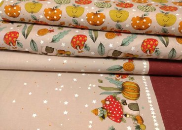 Apple milk coffee jersey fabrics with autumn motives for children by Hilco