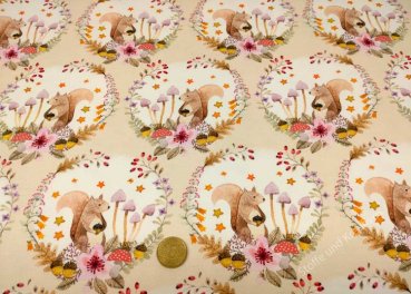 Autumn Medaillon fabric for children by Hilco french terry squirrels, mushrooms and flowers