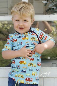 Big Dreams cars blue jersey Hilco fabric for kids with cars and rainbows by JaTiJu