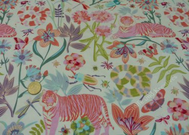 Botanic Tiger Hilco ecru fabric for kids with flowers and tiger