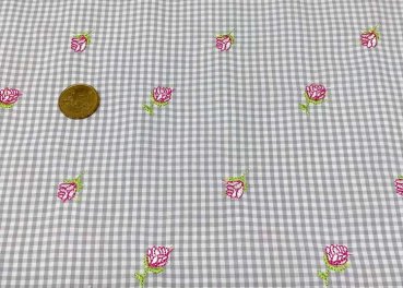 check and roses cotton poplin grey fabric with small flowers