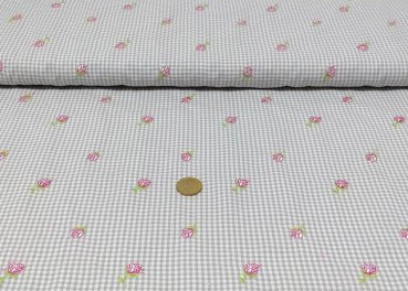 check and roses cotton poplin grey fabric with small flowers