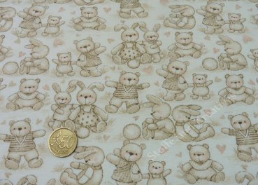 Cuddly toys Hilco ecru hellbraun Sweatshirtstoff mit Bären und Hasen, Kinderstoff