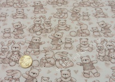 Cuddly toys Hilco ecru helles lachs Sweatshirtstoff mit Bären und Hasen, Kinderstoff