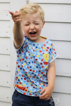 Dots Go hellblau Kinderjersey mit Punkten, Applikationen und Bündchen in einem von Hilco und JaTiJu Designbeispiel