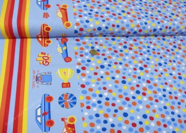 Dots Go blue jersey Hilco fabric for kids with dots and cars by JaTiJu
