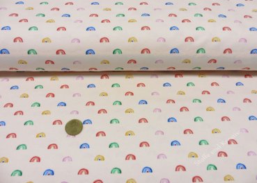 Fantasy Creme jersey apricot with rainbows Hilco fabric for kids