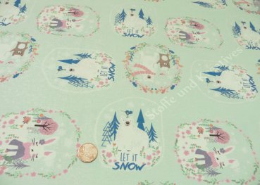 Festive Forest all over Hilco  mint green Jersey fabric for kids