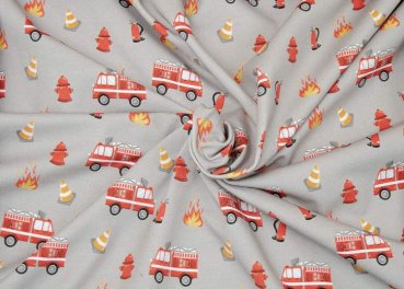 Fire Trap grey Baumwoll-Jersey mit Feuerwehrmotiven ein Kinderstoff von Hilco