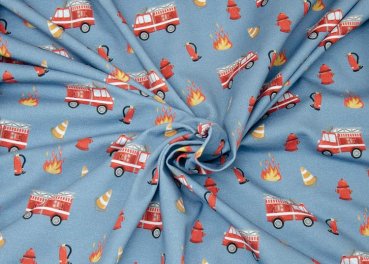 Fire Trap jeansblau Baumwoll-Jersey mit Feuerwehrmotiven ein Kinderstoff von Hilco