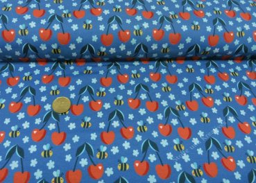 Fresh Fruits blue jersey Hilco fabric for kids with cherries and bees by JaTiJu