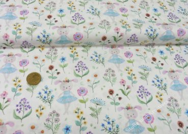 Girls Flowers Rabbit cotton woven fabric ecru by Hilco
