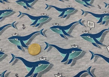 Hamburger Liebe Kids collection Design Sea side willy the whale grey organic cotton elastic jersey
