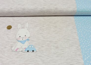 Hasi Panel ecru grey mottled, ligth blue fabric with bunny Hilco
