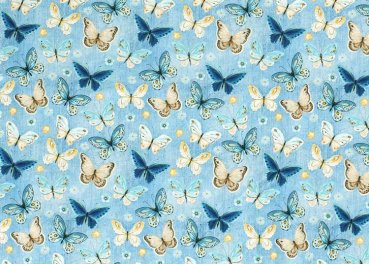 Lovely Butterfly light blue jersey fabric with butterflies and flowers, denim look