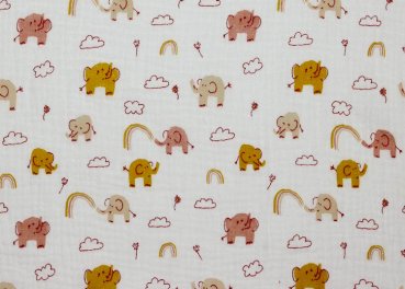 Musselin Elephants weiß Double Gauze Meterware Babystoff mit Elefanten, Regenbogen und Wolken Biostoff