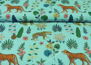 Paradise Tiger Jersey in mintgrün mit Tigern, Leoparden, Blumen und Blätter, Hilco Stoff für Kinder und Erwachsene