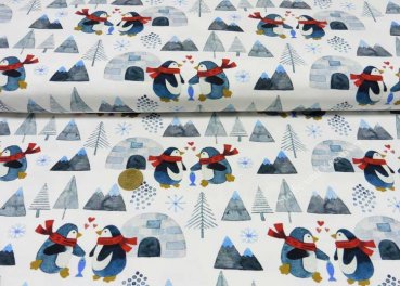 Pingu Love Hilco ecru Pinguine, Iglus, Berge, Bäume und Schneeflocken, Baumwoll-Jersey Kinderstoff