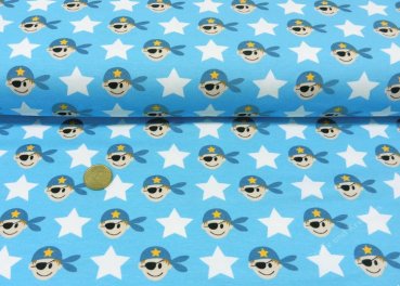 Pirato Stars blue jersey Hilco fabric for kids with pirate heads and stars by JaTiJu
