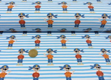 Pirato Stripe blue jersey Hilco fabric for kids with pirates on a striped background by JaTiJu