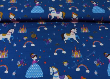 Princessland Kinderjersey in blau mit Prinzessinnen, Schloss, Pferde, Regenbogen usw., Hilco Kinderstoff für Mädchen
