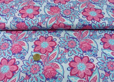 Rania cotton poplin aqua blue and pink fabric with flowers