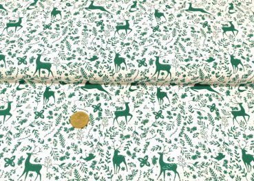 Reh im Wald christmas fabric white dark green cotton poplin print