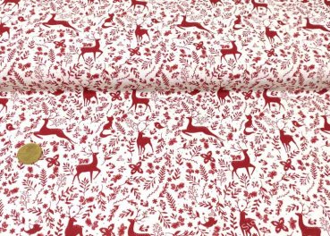 Reh im Wald christmas fabric white dark red cotton poplin print