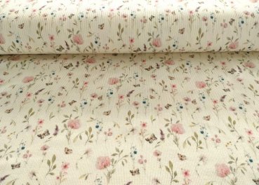 Rippjersey Lilly, fabric with flowers ecru pink, Ribjersey