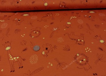 Safari for Friends Bio-Jersey in terracotta mit Tieren, Hilco organic cotton Stoff für Kinder