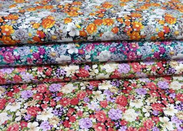 Amelie fabric with small flowers poplin cotton darkblue, fuchsia