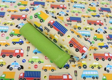 Stoffpaket City Cars Jersey beige für Jungs, Baumwolljersey plus passendes Bündchen in apfelgrün Kinderstoffe