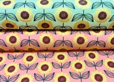 Sunflowerli mint or salmon pink jersey Hilco fabric for kids and adults with sunflowers by Mia Maigrün