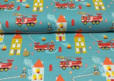 Feuerwehr Tatütata petrol fabric for children by Swafing french terry fire department