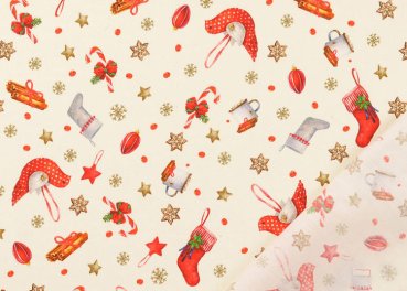 Preview: Weihnachtsallerlei Weihnachtsstoff ecru Baumwolle Webware Meterware Preview: Weihnachtsgeschenke blau moderner Weihnachtsstoff auf Baumwolle Popeline