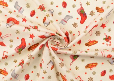 Preview: Weihnachtsallerlei Weihnachtsstoff ecru Baumwolle Webware Meterware Preview: Weihnachtsgeschenke blau Weihnachtsstoffe auf Baumwolle Webware Popeline