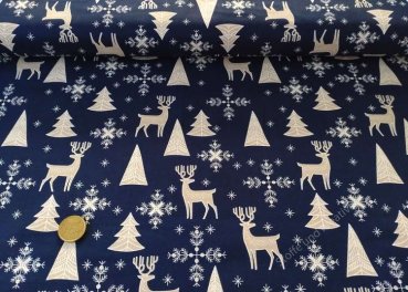 Winterzauber blau Weihnachtsstoff  Baumwolle Webware mit Tannenbäume, Hirsche, Sterne