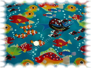 Clowning around bedruckte Baumwolle mit bunten Fischen auf blauem Grund