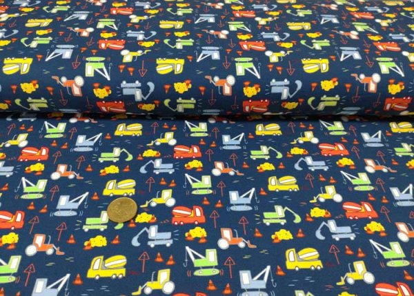 Building Site dark blue fabric with construction vehicles Hilco