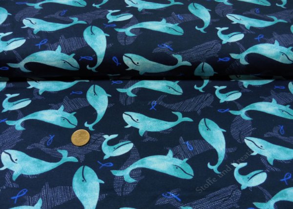 Captain Looping dark blue sweat fabric with fish for children by Hilco