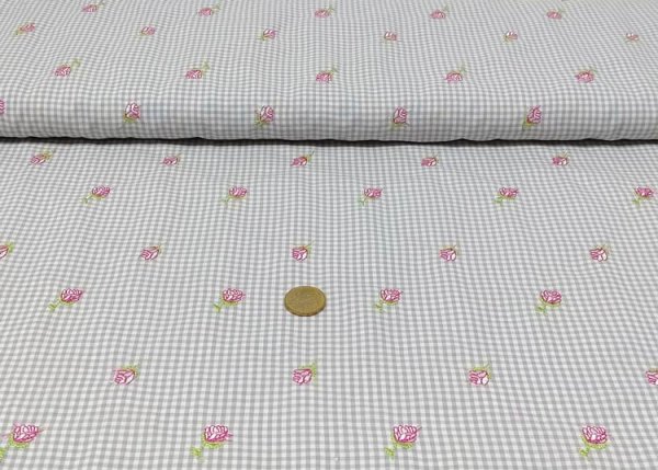 check and roses cotton poplin grey fabric with small flowers