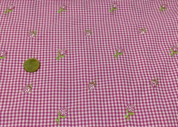 check and roses cotton poplin pink fabric with small flowers