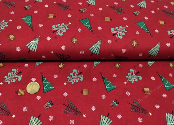 Christmas Wood red christmas fabric, christmas trees cotton print