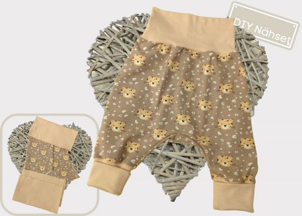 DIY Nähpaket Stoff Zuschnitte Pumphose Jersey Löwe, Bündchen sand Nähset