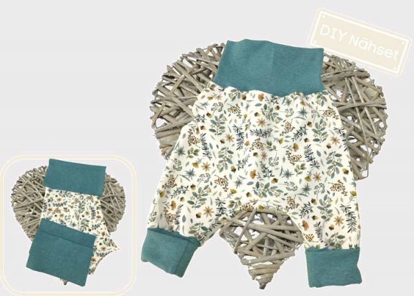 DIY Nähpaket Stoff Zuschnitte Pumphose Jersey Flowers ecru, Bündchen petrol Nähset