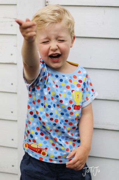 Dots Go olivgrün Kinderjersey mit Punkten, Applikationen und Bündchen in einem von Hilco und JaTiJu Designbeispiel