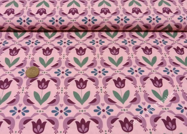 Fantasia 2 Baumwolle Webware Popeline in rosa mit Blumen und Vögelchen, Hilco Kinderstoff