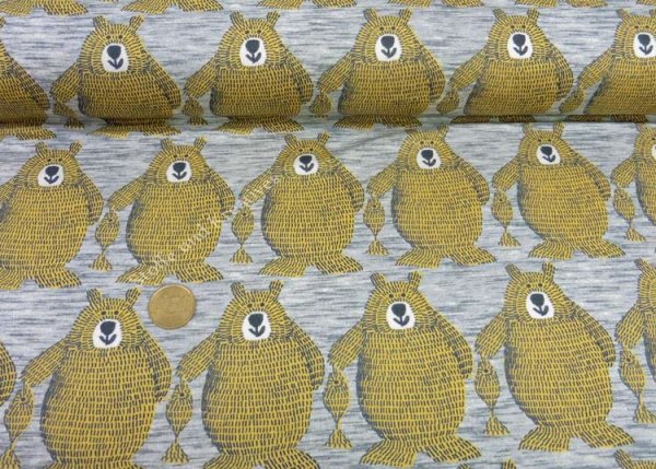 Folk Bear Sweat grey mustard fabric with bears for children by Hilco